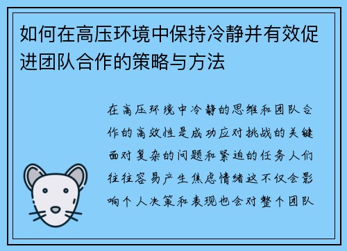 如何在高压环境中保持冷静并有效促进团队合作的策略与方法